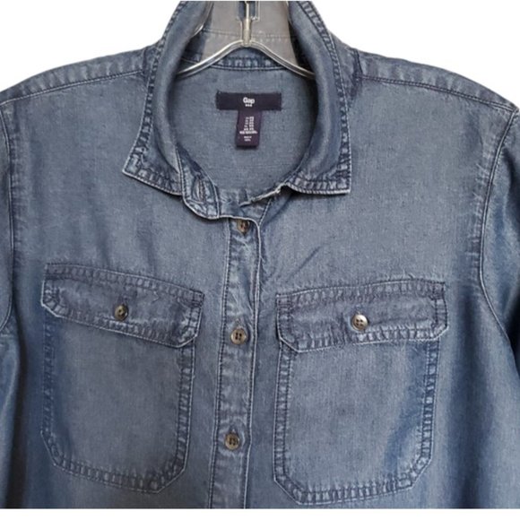GAP Lightweight Blue Denim Long-Sleeve Collared Flap Pockets Shirt Dress Size XS - Picture 5 of 7